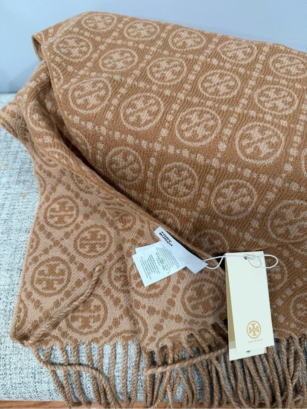 Tory Burch Two-Tone Camel Logo Fringe Scarf